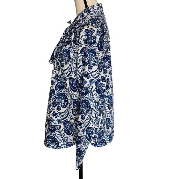 Charter Club X-Large Top Floral Long Sleeve Button-Up Ruffled Collar Blue White - Picture 6 of 9